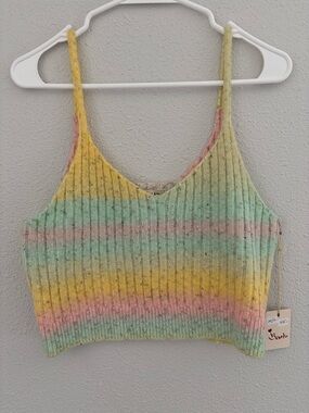 Boutique Rainbow Pastel Striped Ribbed Knit Crop Tank Top in Yellow, Mint & Pink